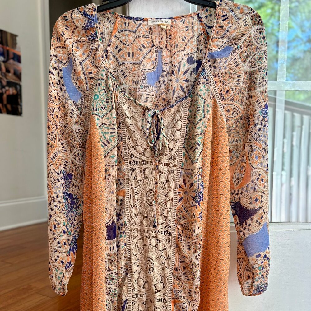 Anthropologie Meadow Rue Peach Lace Inset Tie Neck Sheer Boho Tunic Blouse XS - Picture 3 of 8